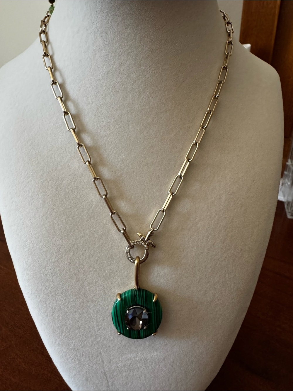 Stella & Dot Link Necklace with Green Malachite Pendant and Smoky Crystal